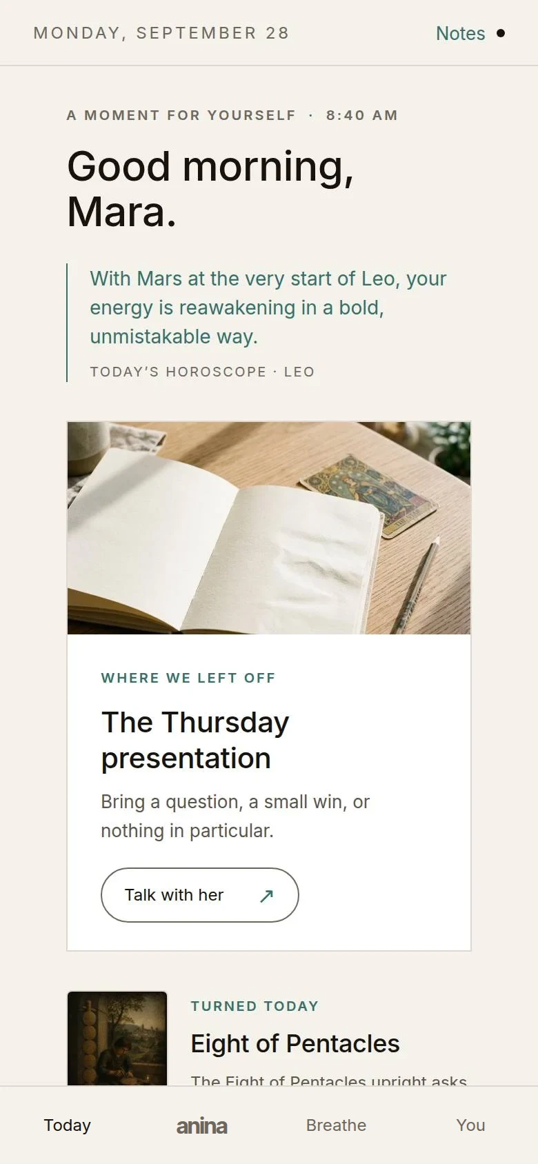 The app's Today screen with the conversation highlighted and the Eight of Pentacles turned face up nearby