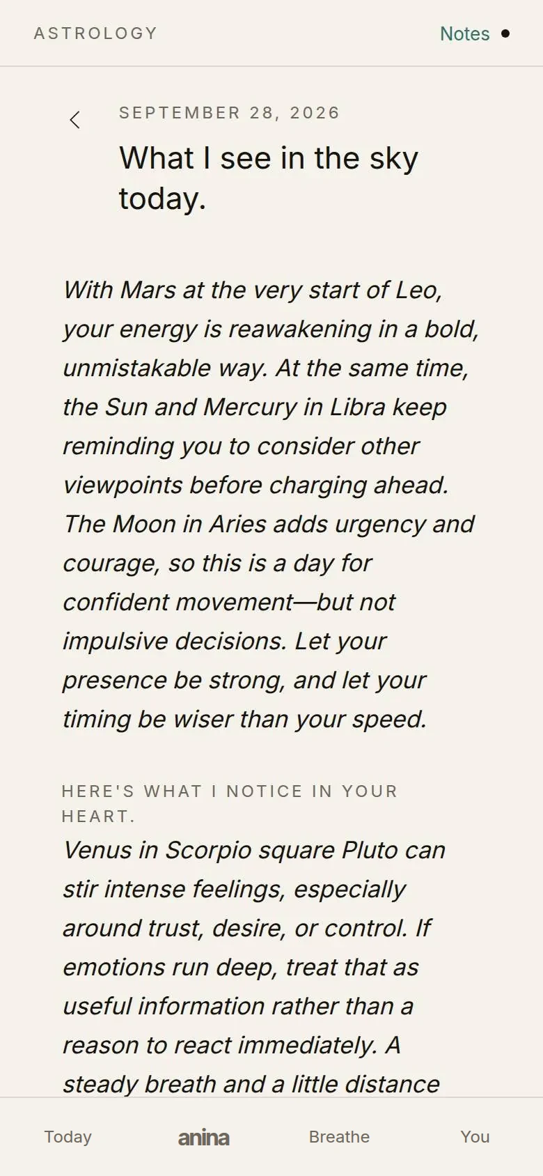 The app's astrology screen: what ANINA sees in the sky today, written as a short letter
