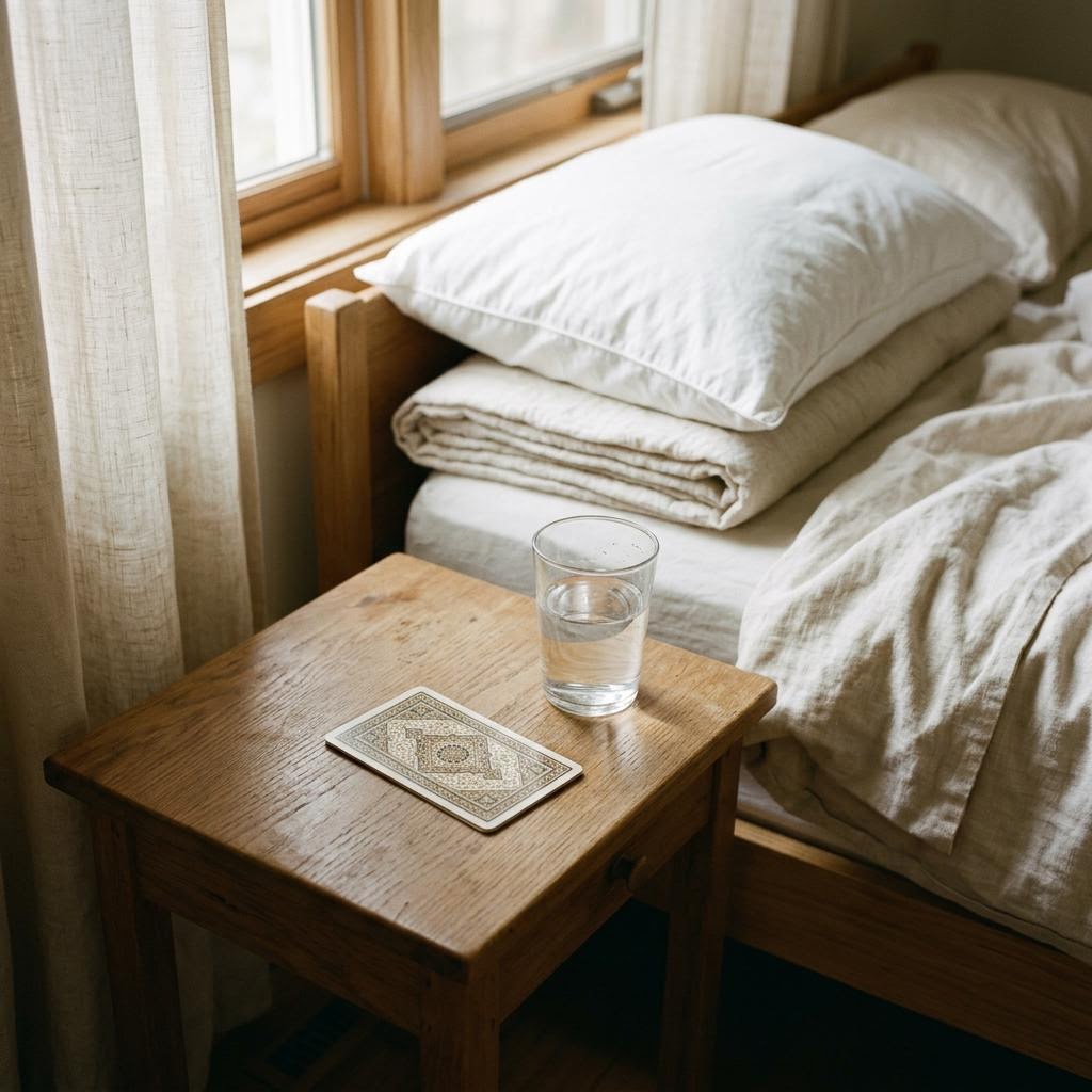 A card on a bedside table in early light