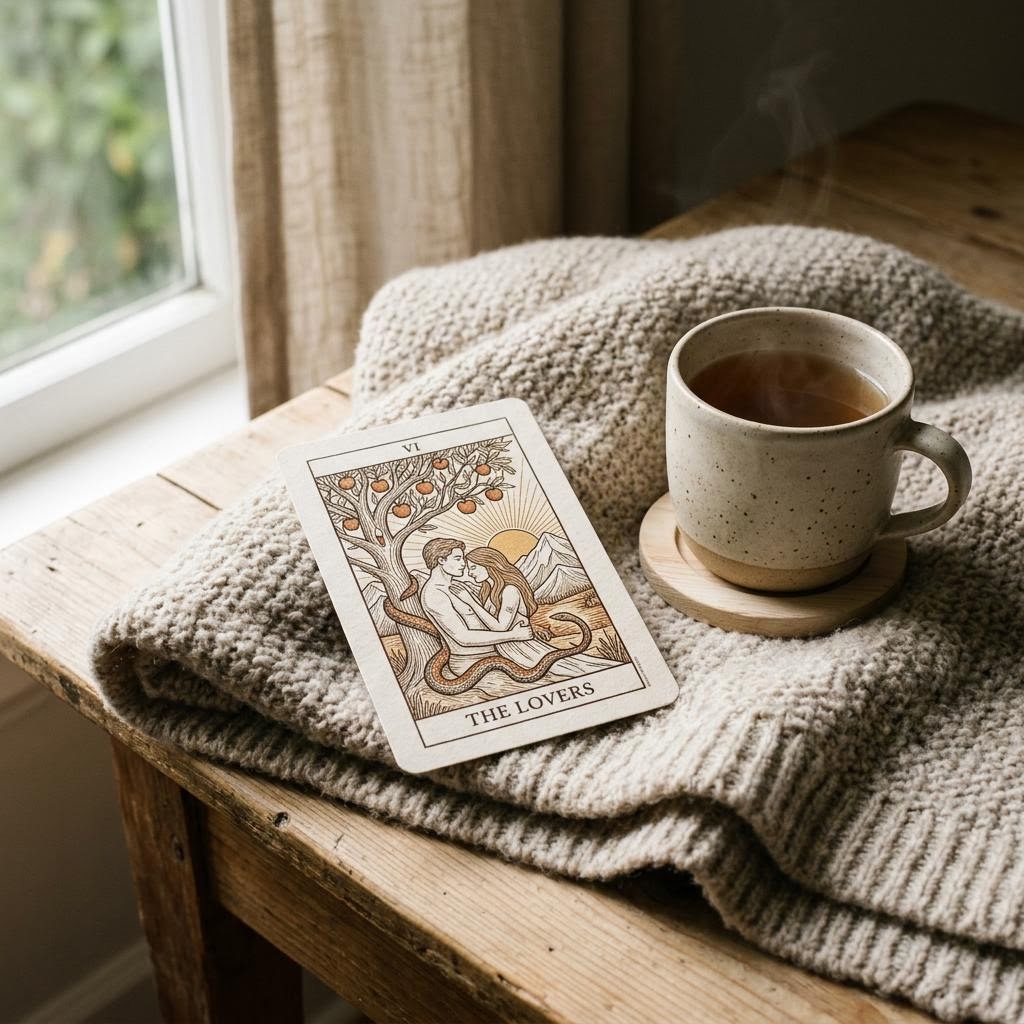 A printed card on a folded blanket