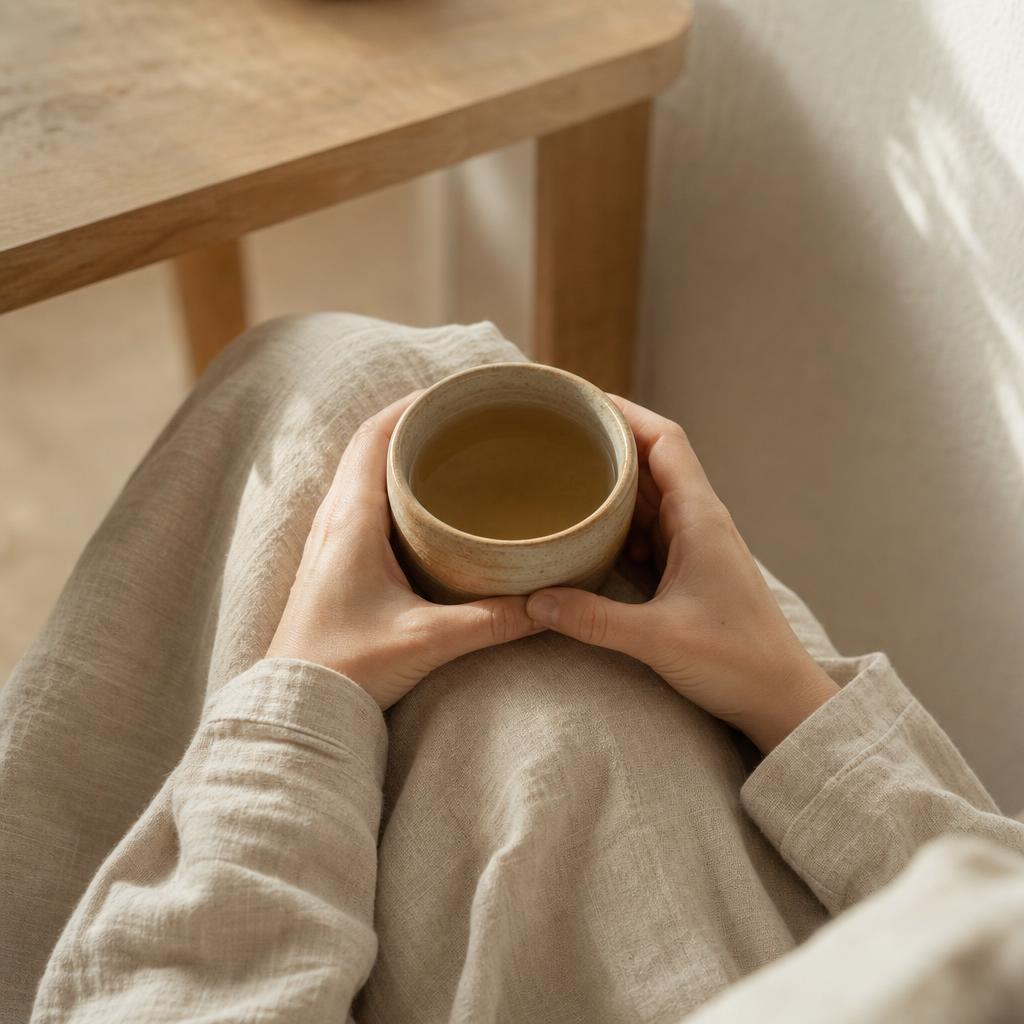 Two hands resting around a warm cup