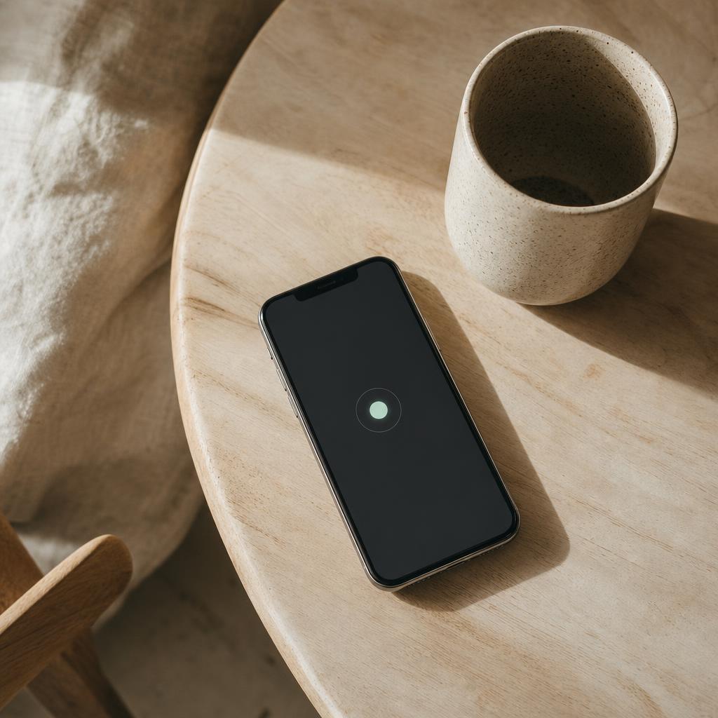 A phone on a wooden table, a single soft circle of light on its screen