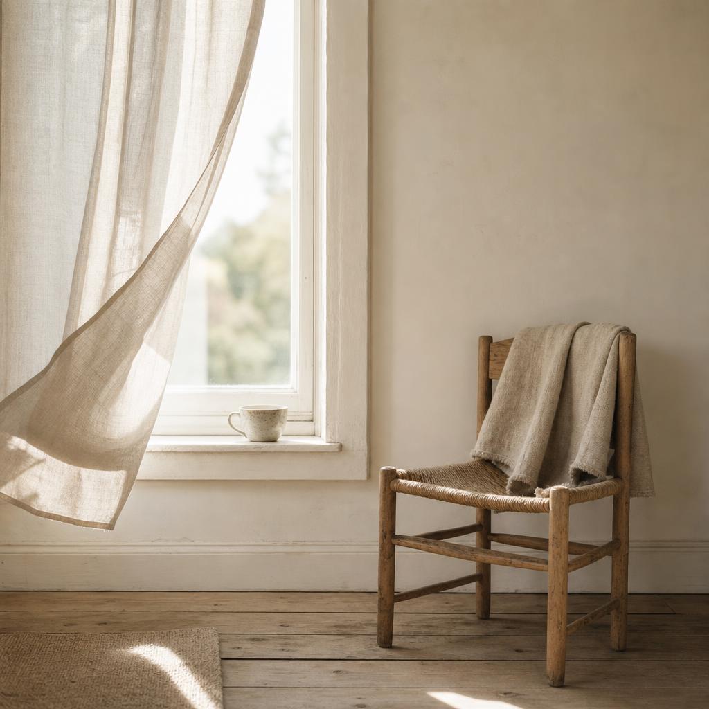 A wooden chair beside a window, a linen curtain lifting in the breeze