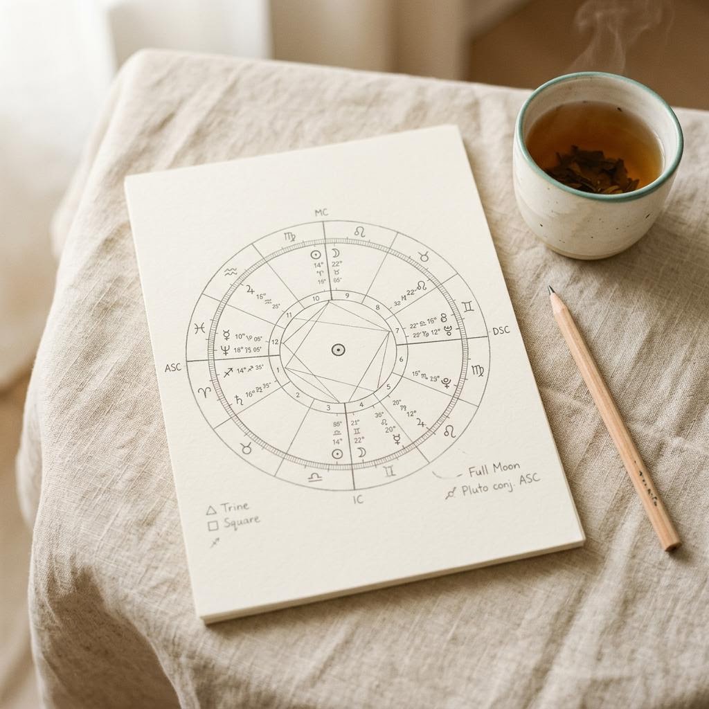 A hand-drawn birth chart on paper
