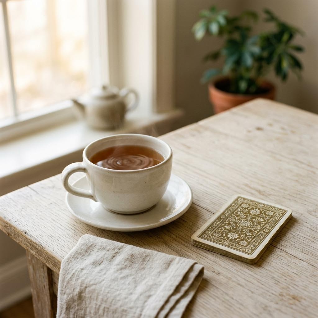 A cup next to a face-down card