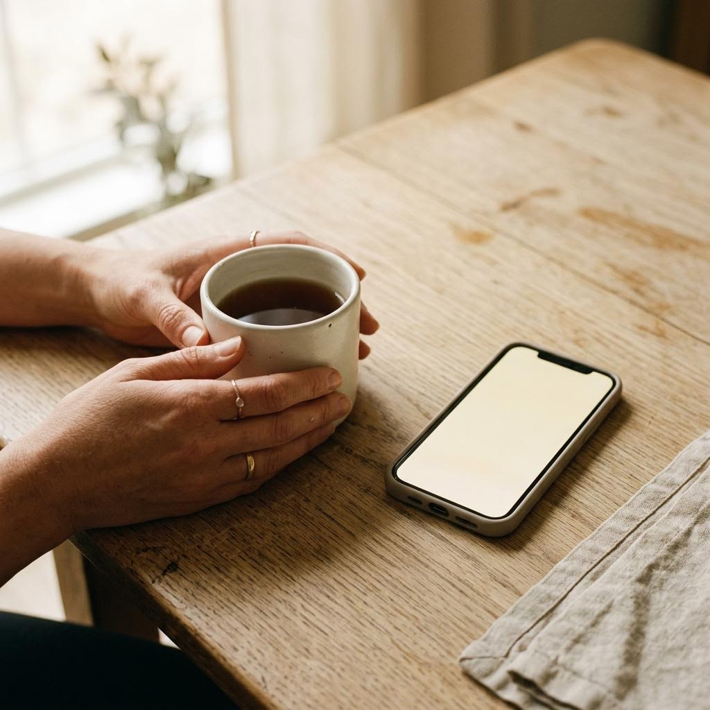 A cup beside a phone in morning light