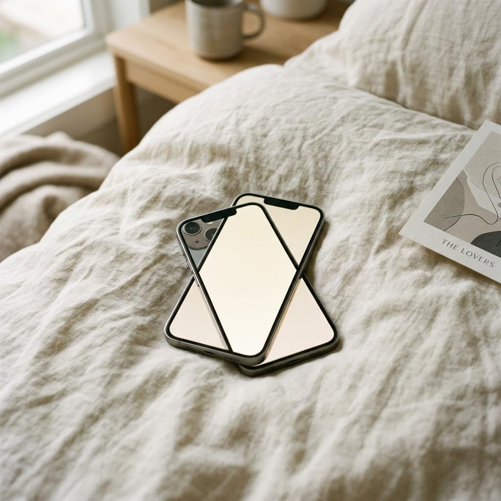 A phone lying face up on soft linen