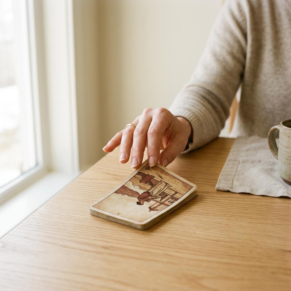 A hand turning a printed tarot card in morning window light